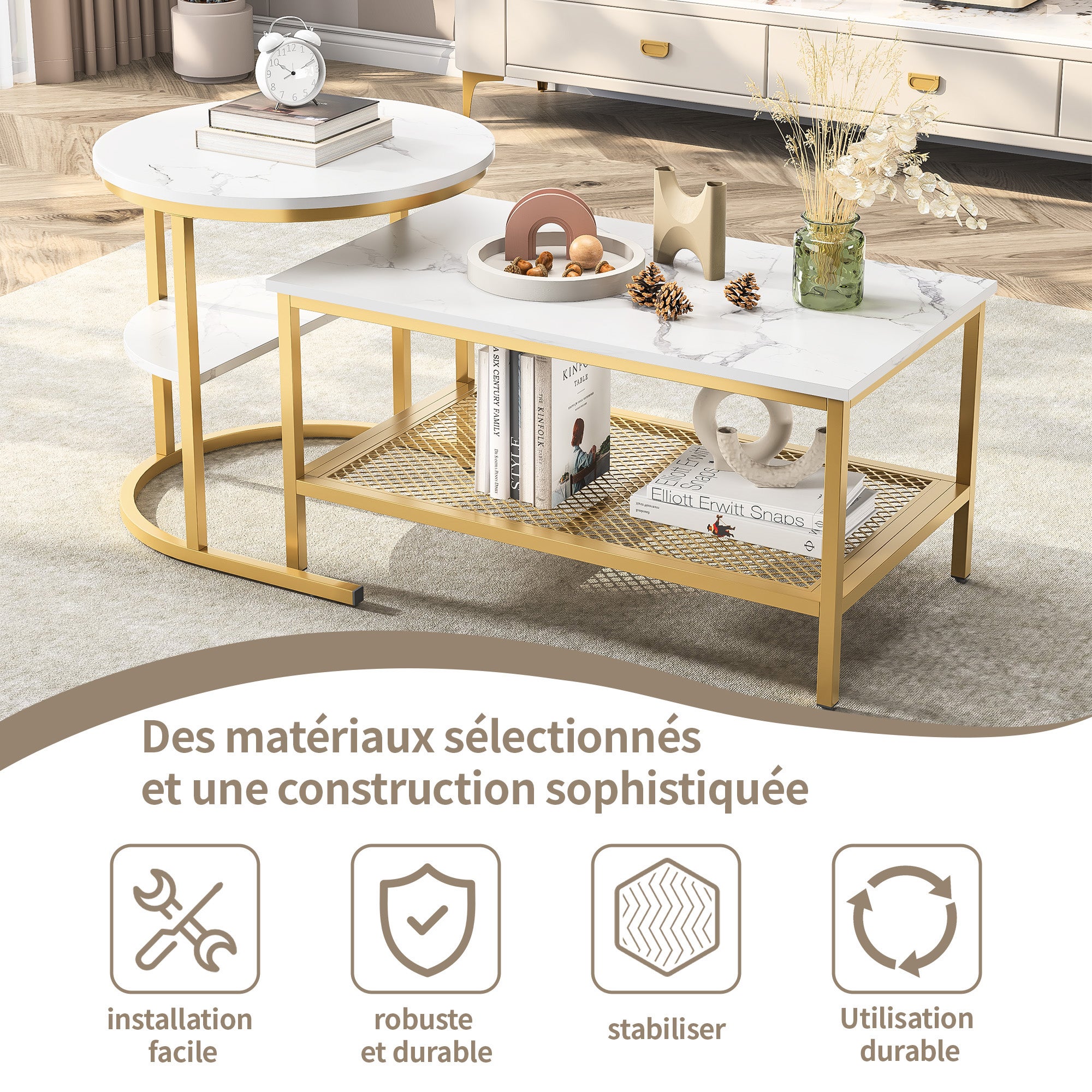 Tables Basses, Lot de 2, COZY, avec Placage de Marbre Blanc, Cadre en Métal Doré, Design Élégant, Polyvalente pour Salon et Jardin - 5