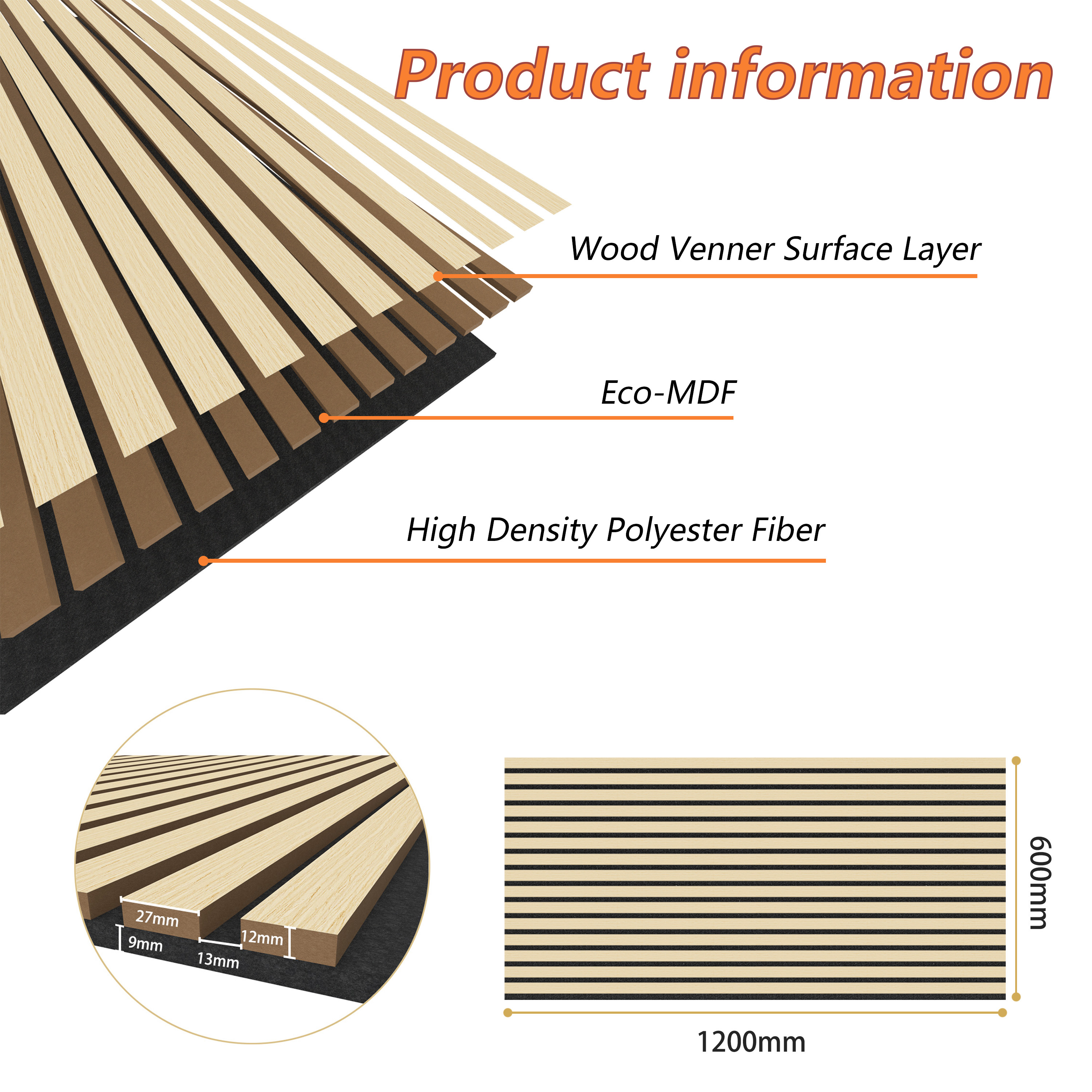 Set di 2 pannelli decorativi fonoassorbenti in legno MDF, 120 cm × 60 cm, Sp 21 mm, Color rovere naturale - 3