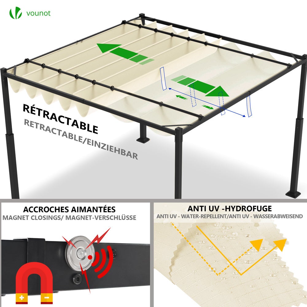 Pérgola Autoportante con Techo Retráctil 3x3m, Carpa Cenador Estructura Metálica Lona Corredera Poliéster 180g/m², Beige - 4