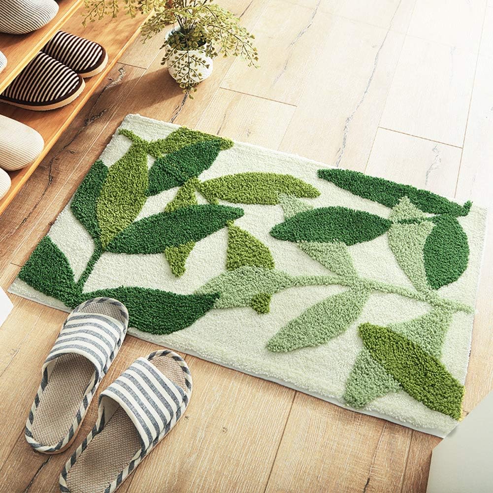 Tappetino da bagno verde, 80 x 60 cm, antiscivolo, in microfibra, per bagno, con foglie verdi, assorbente, morbido, lavabile in lavatrice, per ingresso, camera da letto, doccia, ad asciugatura rapida