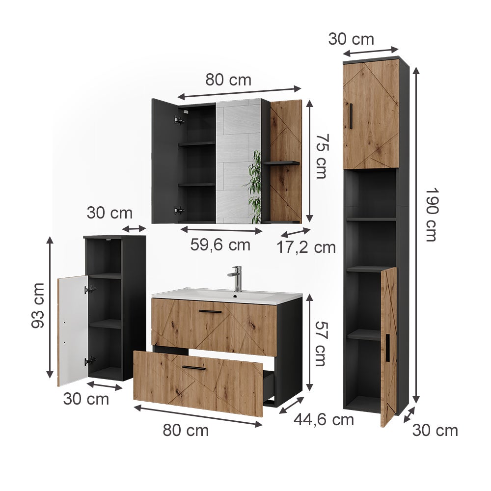 Ensemble Meubles Salle De Bain Vicco Irma 3 Pièces - Anthracite - Neuf