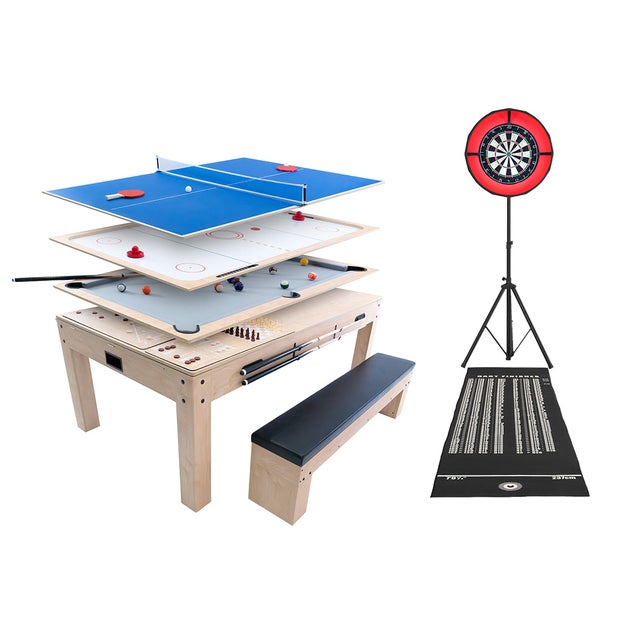 Mesa Multijogos 7 em 1 com Dardos e Luz LED | Bilhar, Pingue-pongue, Air Hockey, Xadrez, Gamão, Shuffleboard e Jantar |