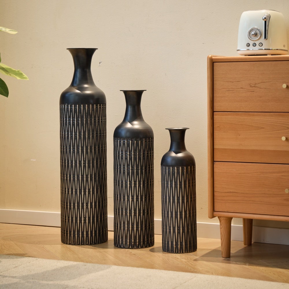 Lot de 3 Grands Vases de Sol Cache-Pot Industriel Rainuré 50/66/83 cm Métal Noir - 2