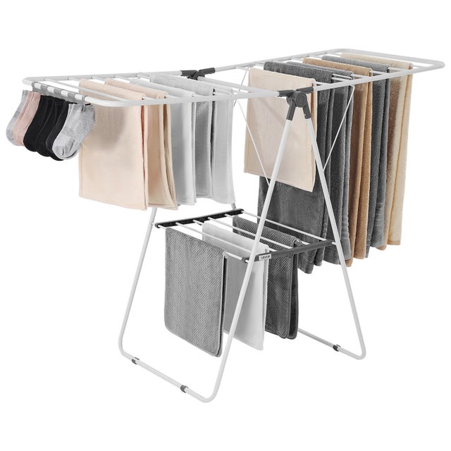 Séchoir à linge pliable,VEVOR séchoir à linge autonome à deux niveaux avec pinces à chaussettes et 21 tiges de séchage,réglable en hauteur,blanc