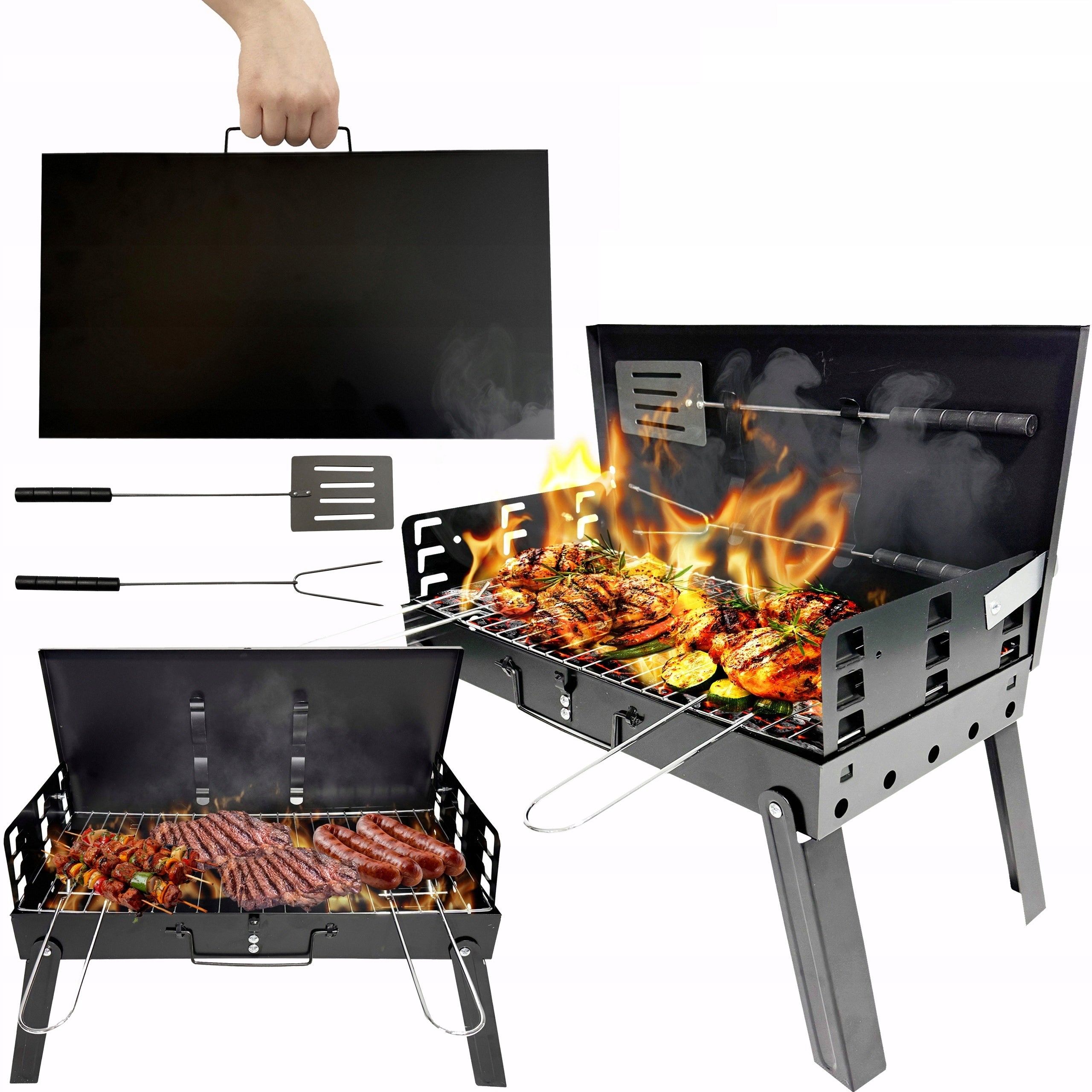 Grill węglowy turystyczny składany przenośny walizka + akcesoria BBQ1009