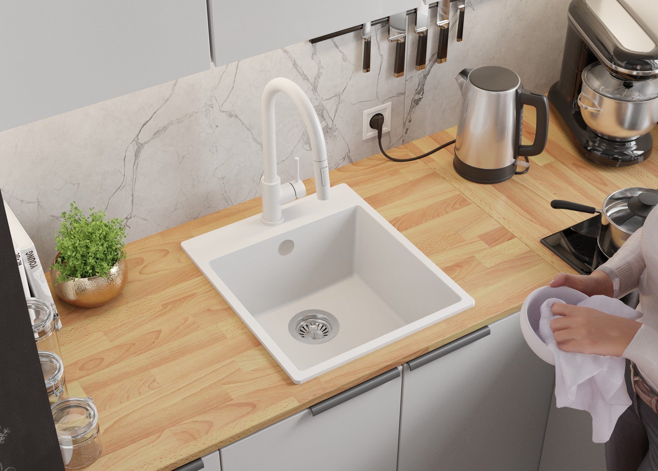 Lavello da Cucina Bianco 43x50cm, Lavandino in Granito a 1 vasca + Sifone Classico, Lavabo da Cucina Incasso al mobile 45cm - Riga PRIMAGRAN - 3