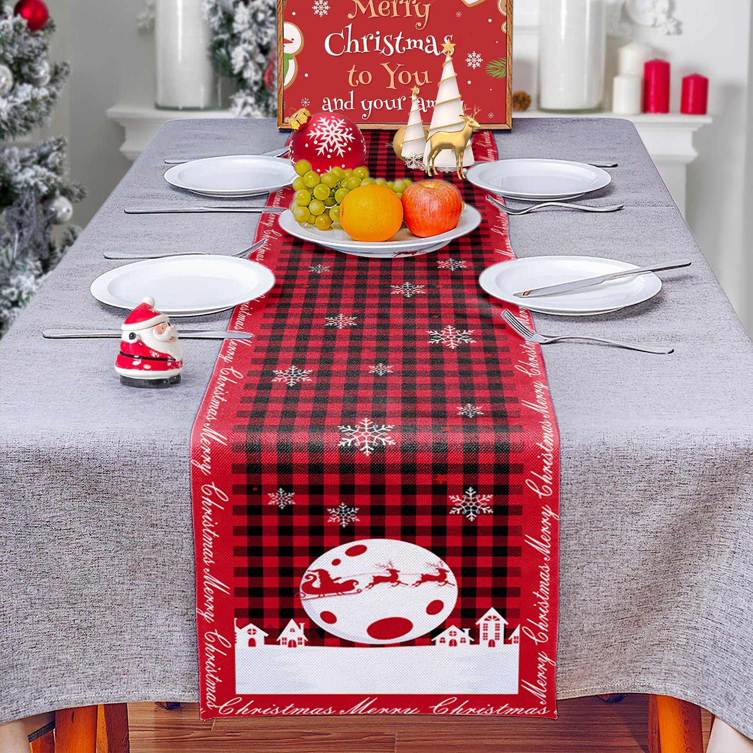 Czerwony bieżnik lniano-bawełniany na Boże Narodzenie – dekoracja z saniami, reniferami, płatkami śniegu i wzorem Świętego Mikołaja (33 x 229 cm)