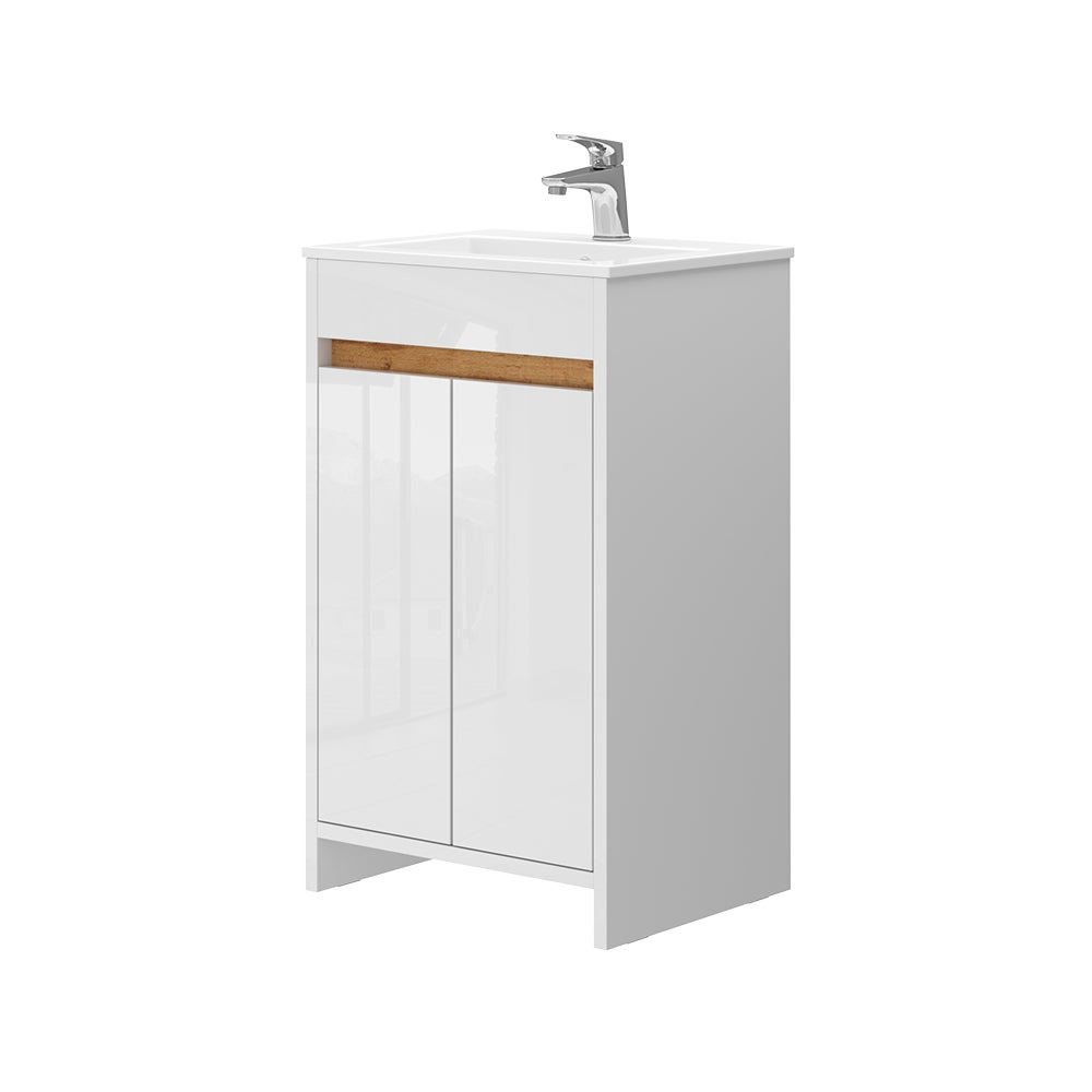 Vicco Zestaw mebli łazienkowych Lemgo, Biały wysoki połysk, 2 części, z umywalką i 2 drzwiami skrzydłowymi