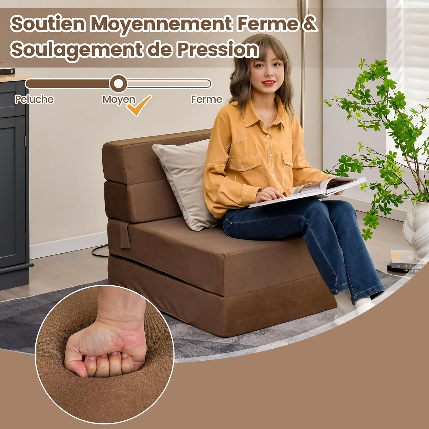 3 in 1 Divano Letto, Materasso da Pavimento 15 cm in Schiuma ad Alta Densità Traspirante, Letto Ospite Portatile per Soggiorno Camera (Marrone - 5