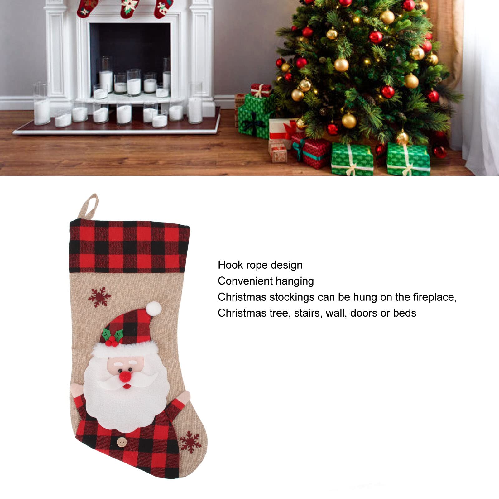 Decoração de Natal, Meia de Natal Xadrez Vermelha Padrão 3D Pendurado Natal - 4