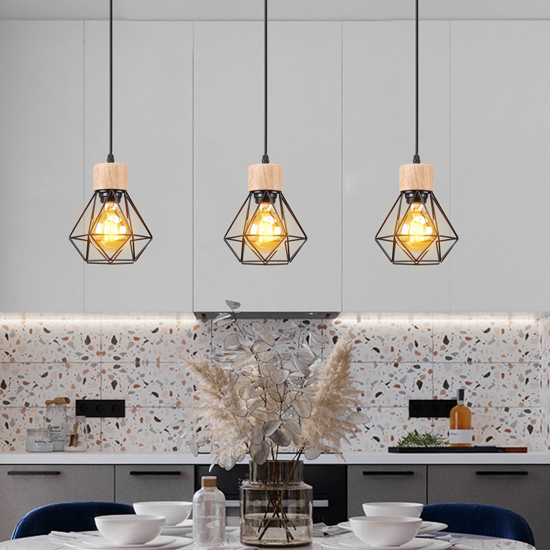 Lustre Suspension Industriel Vintage Interieur, Lampe de Plafond Douille E27 Cage Diamant Rétro pour Salon Chambre Cuisine Restaurant, E27 Noir - 2
