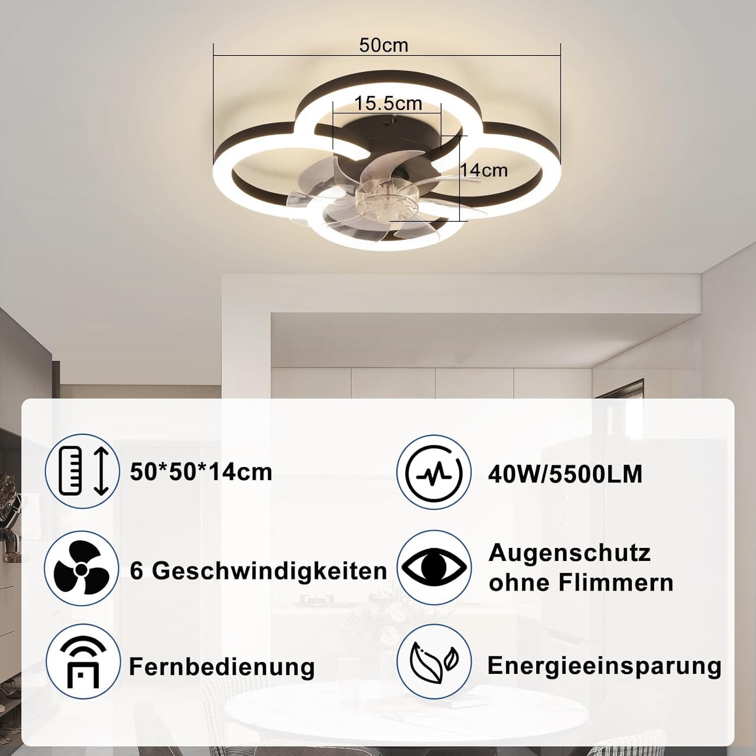 ZMH Ventilador de techo con luz, silencioso, 6 velocidades, moderno, regulable para sala de estar - 6