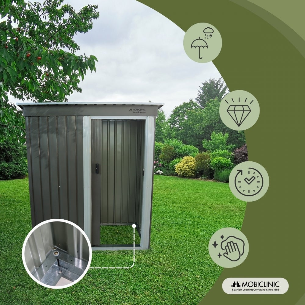 Caseta de jardín metálica Mobiclinic Nomi cobertizo de herramientas en acero galvanizado con techo inclinado puerta corredera cerradura 162x86x181 cm - 4