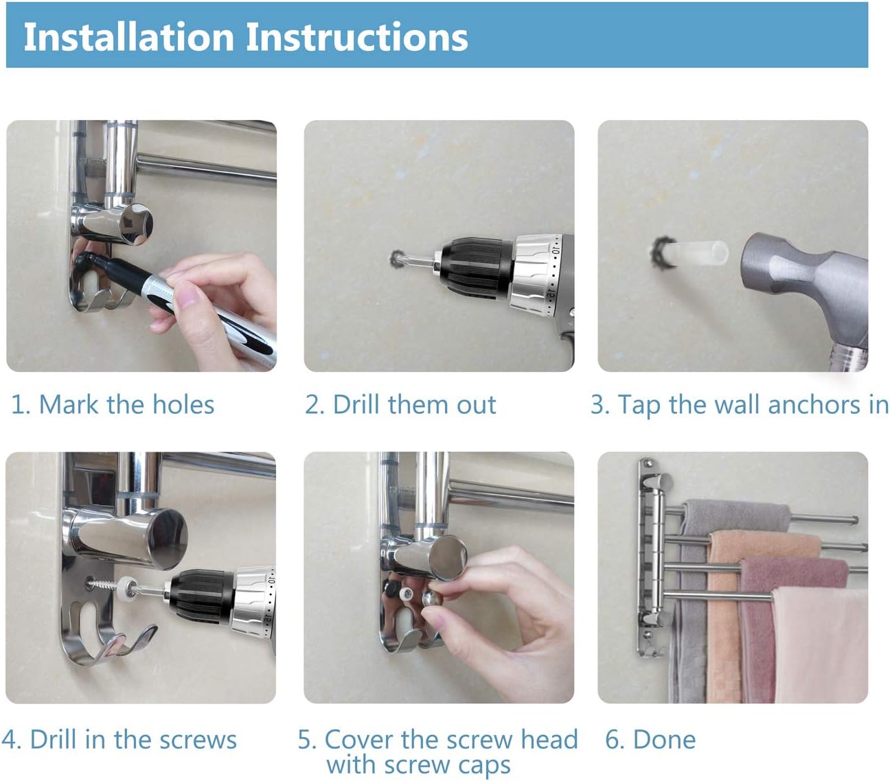 Wieszak na ręczniki do łazienki, obrotowy 180°, podwójny drążek ze stali nierdzewnej, cztery srebrne drążki - 7