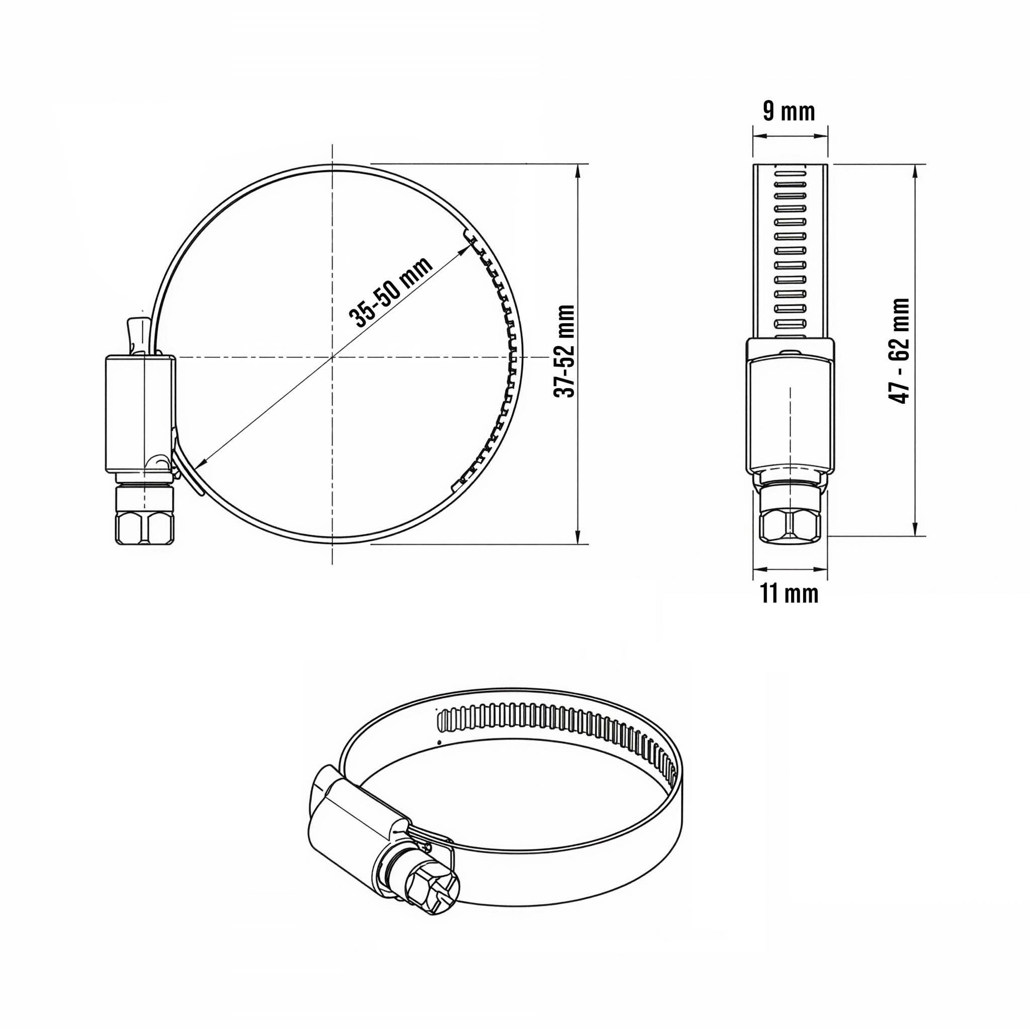 Collier de serrage à crémaillère - Acier inox W4 - Largeur 9 mm - Plage 35-50 mm - pour Fixation Tuyaux Flexibles Stables Wiltec - 4