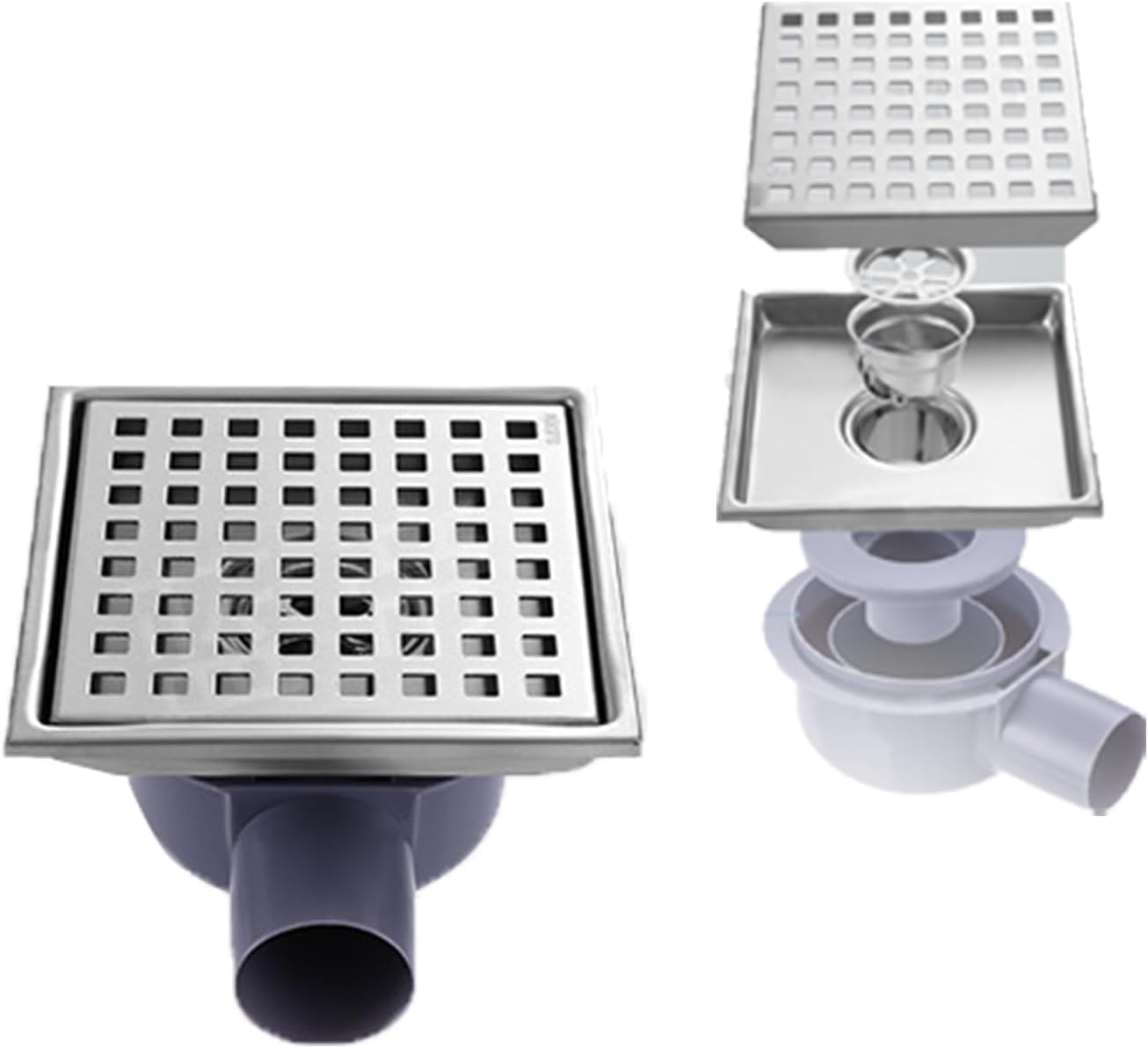 Odpływ prysznicowy 360° ze stali nierdzewnej z syfonem, odpływ podłogowy, 15 x 15 cm, syfon 2 w 1 i filtr na włosy, odpływ podłogowy