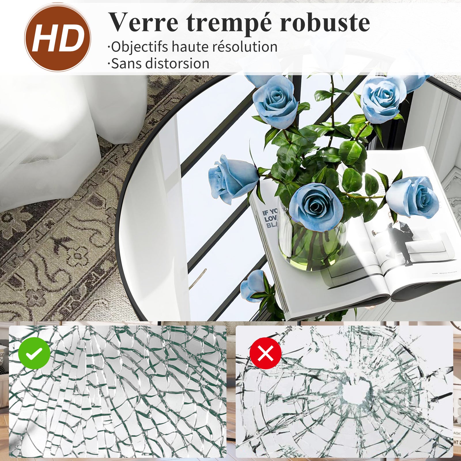 Miroir sur pied - l.54 x H.164 cm - Grand miroir incurvé HD - cadre en alliage d'aluminium - Miroir Mural haute définition en Verre Trempé - Noir - 3