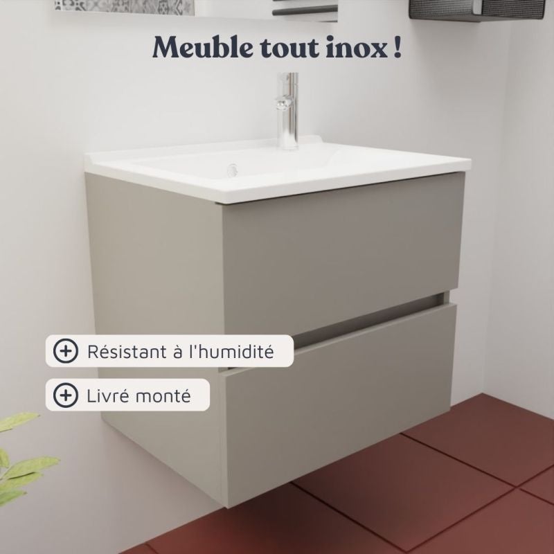 Meuble vasque ROSALY INOX 60 cm + miroir Elégance ht105- Gris- Plan vasque en Résine - 7