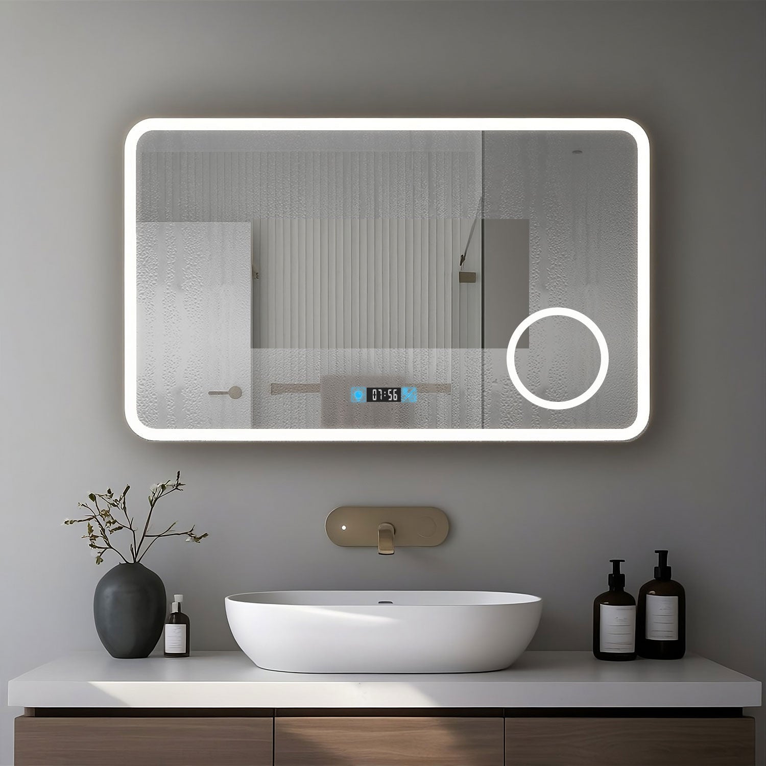 Miroir de salle de bain 140x80cm avec horloge digitale et éclairage LED à couleur réglable (2700K/4600K/6500K) - 2