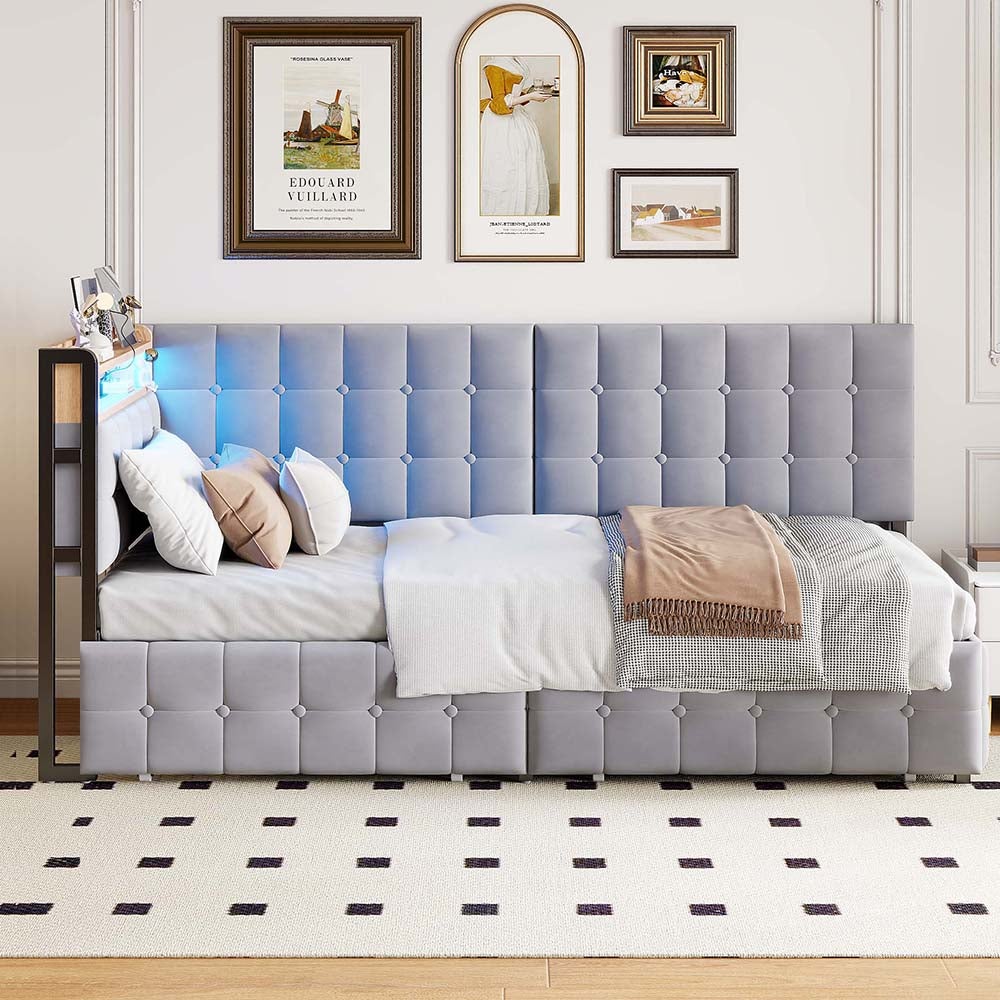 90 X 200 Sofa rozkładana dla dzieci z 2 szufladami i lampką nocną LED, portami USB i typu C, szara