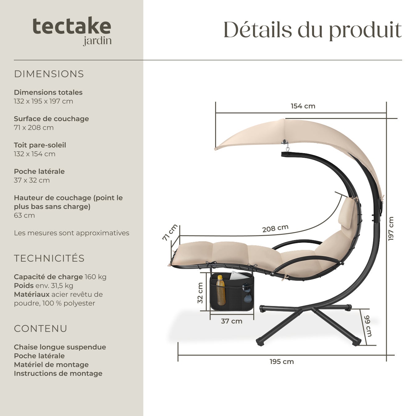 Fauteuil suspendu Elaria avec pare-soleil et poche latérale pare-soleil avec protection UV TECTAKE - 6