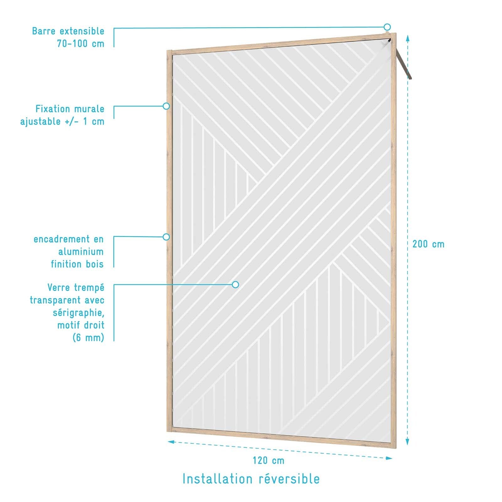 Paroi de douche 120x200 HINATA - Style Japandi Geometrique - Cadre Effet Bois - Verre 6mm - 4