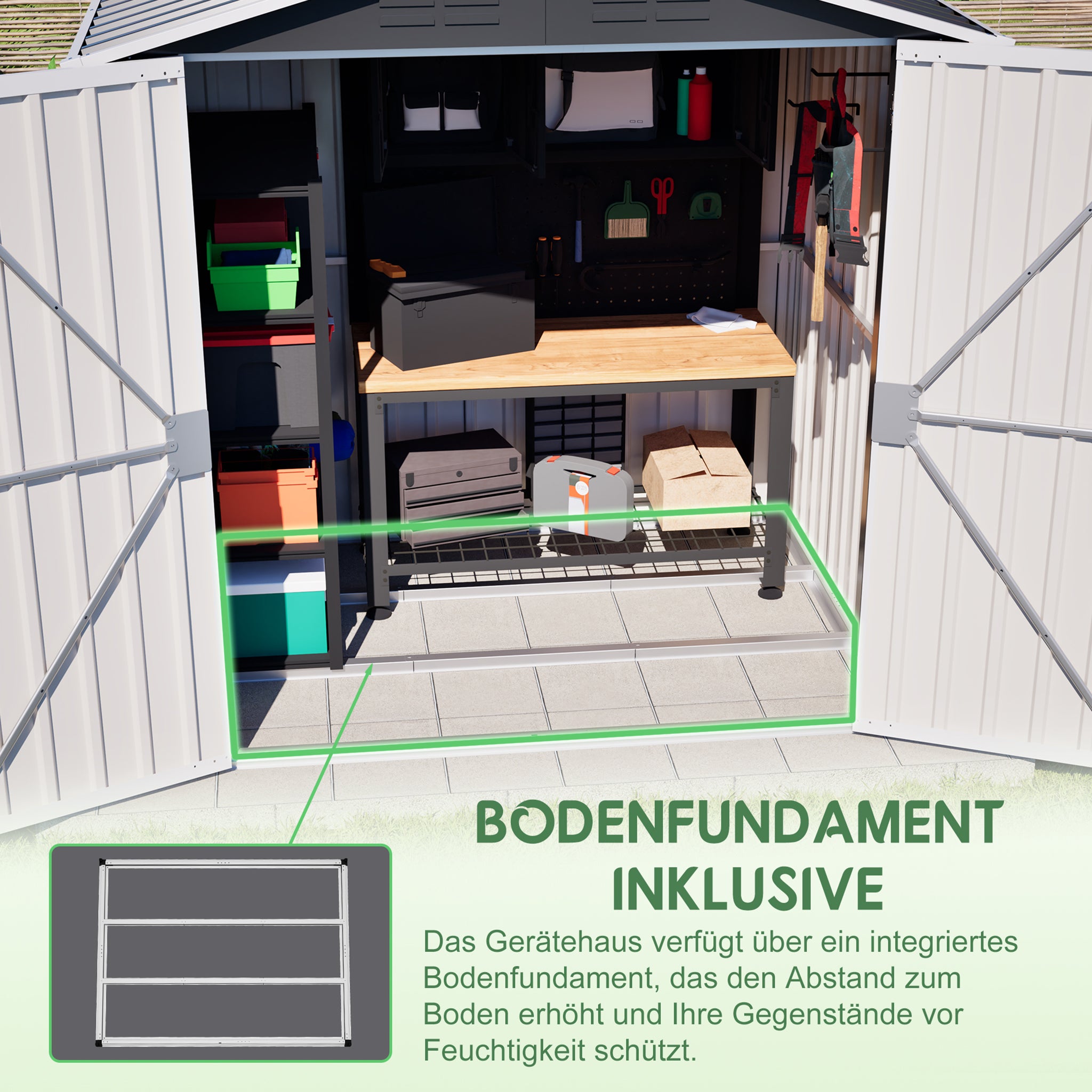 Abri de jardin métal avec fondement inclus, cabane à outils 142x185cm porte verrouillable, abri de stockage extérieur étanche, 142x185x189cm, Gris - 8