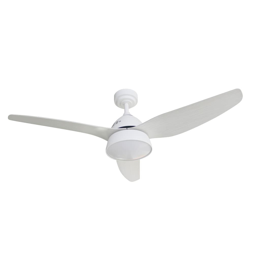 Wentylator sufitowy LED 20W cichy z głośnikiem Tijo elegancki biały z 3 zakrzywionymi łopatkami w kolorze popielatym ø122cm