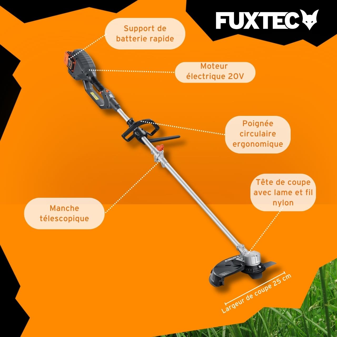 Débroussailleuse sans fil FUXTEC FX-E2MS 2 batteries 20V 2Ah double chargeur 2,4A inclus Fil et lame Largeur 25,5 35cm - 6