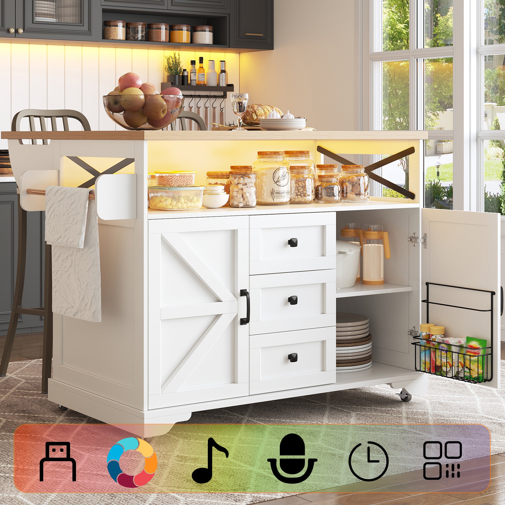 Ilot central de cuisine avec Table Rabattable - 120x43-71x98 cm, Buffet d'Îlot avec LED et Rangements,Buffet de cuisine avec Porte-Snacks et 3 Tiroirs - 4