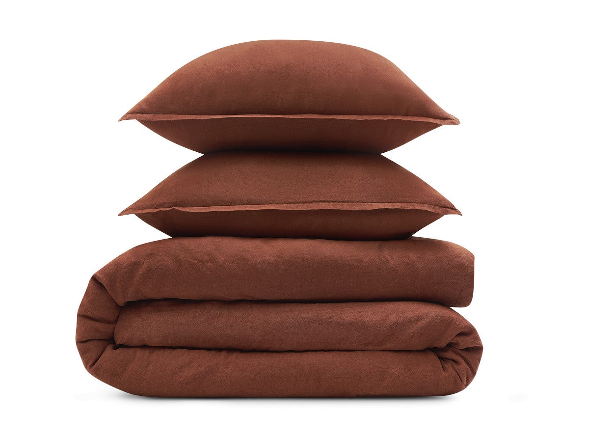 BOBOCHIC Parure de lit en Lin lavé ARES avec une housse de couette, 2 taies d'oreiller Terracotta 220x240 - 3