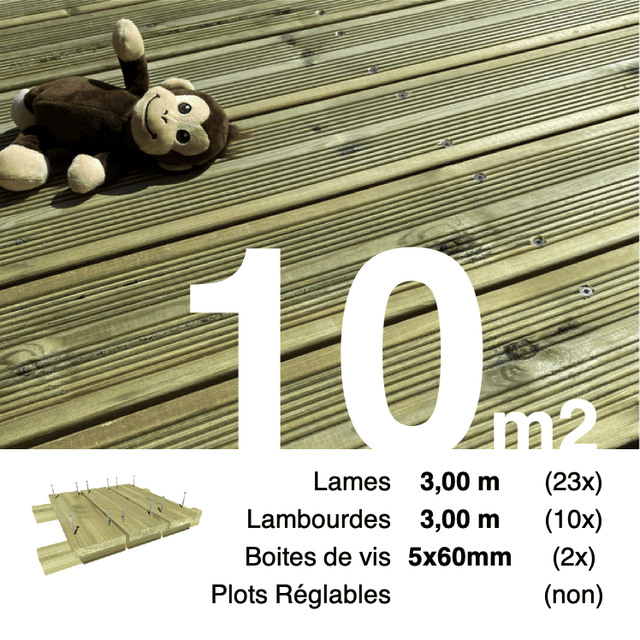 Kit terrasse Pin autoclave Vert pour 10 m² • Lames 3 m, lambourdes 3 m et visserie Inox