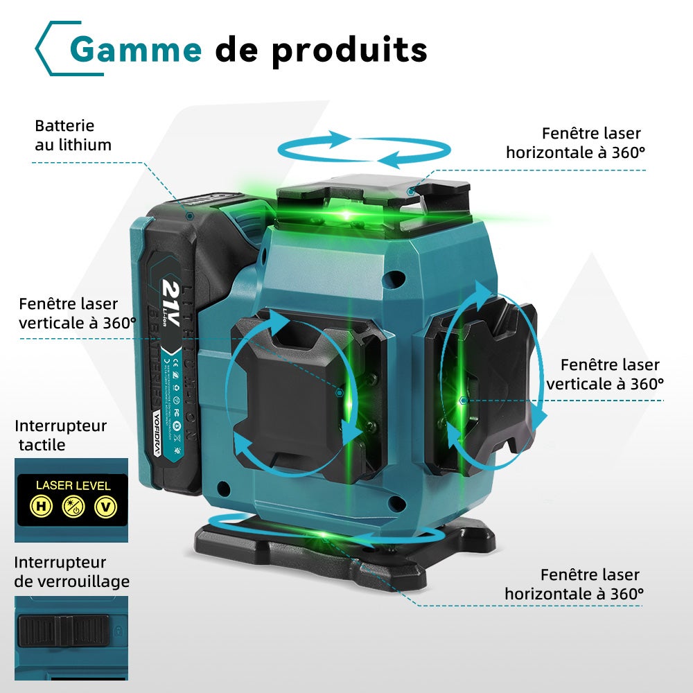 Laser de ligne croisé 16 lignes Niveau laser 3° Autonivelante 4 x 360° Niveau laser avec 2x batterie + trépied, pour construction intérieure - 2