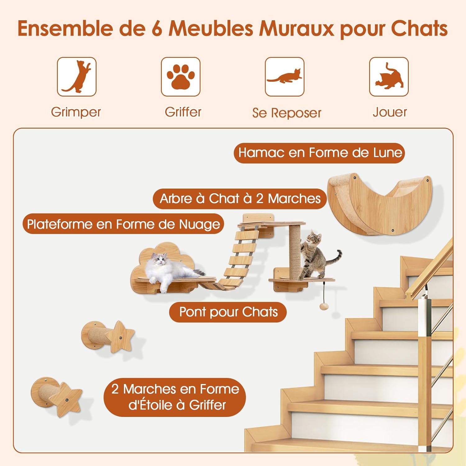 Arbre à Chat Mural en Bois, 6 Pcs Parcours Chat, Hamac en Forme de Lune, Pont, Tour pour Chaton à 2 Niveaux, Plateforme, 2 Marches - 5