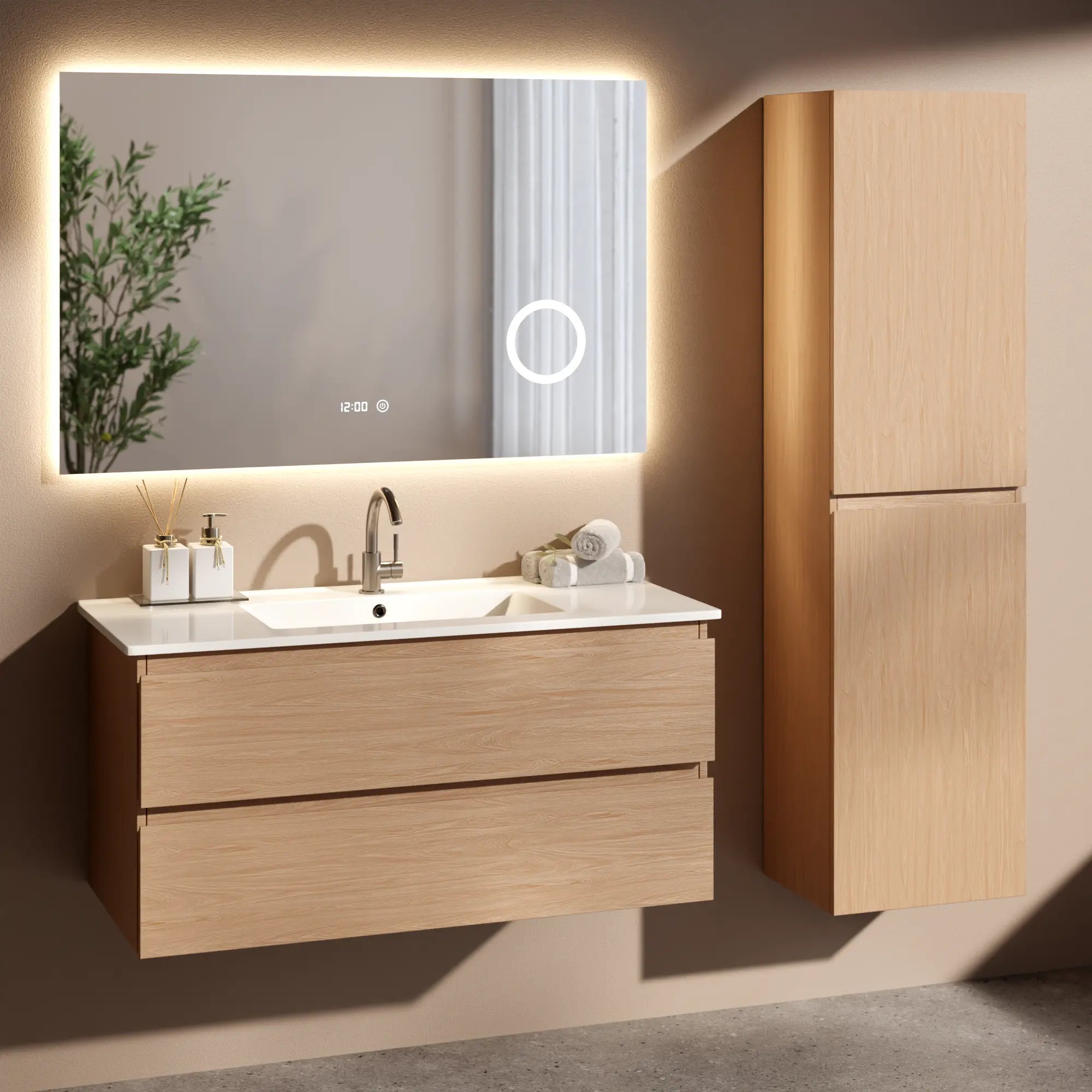Mirlux Meuble vasque Mirlux Varo - 100 x 46 x 50 cm - Chêne clair - Vasque blanche incluse - 6