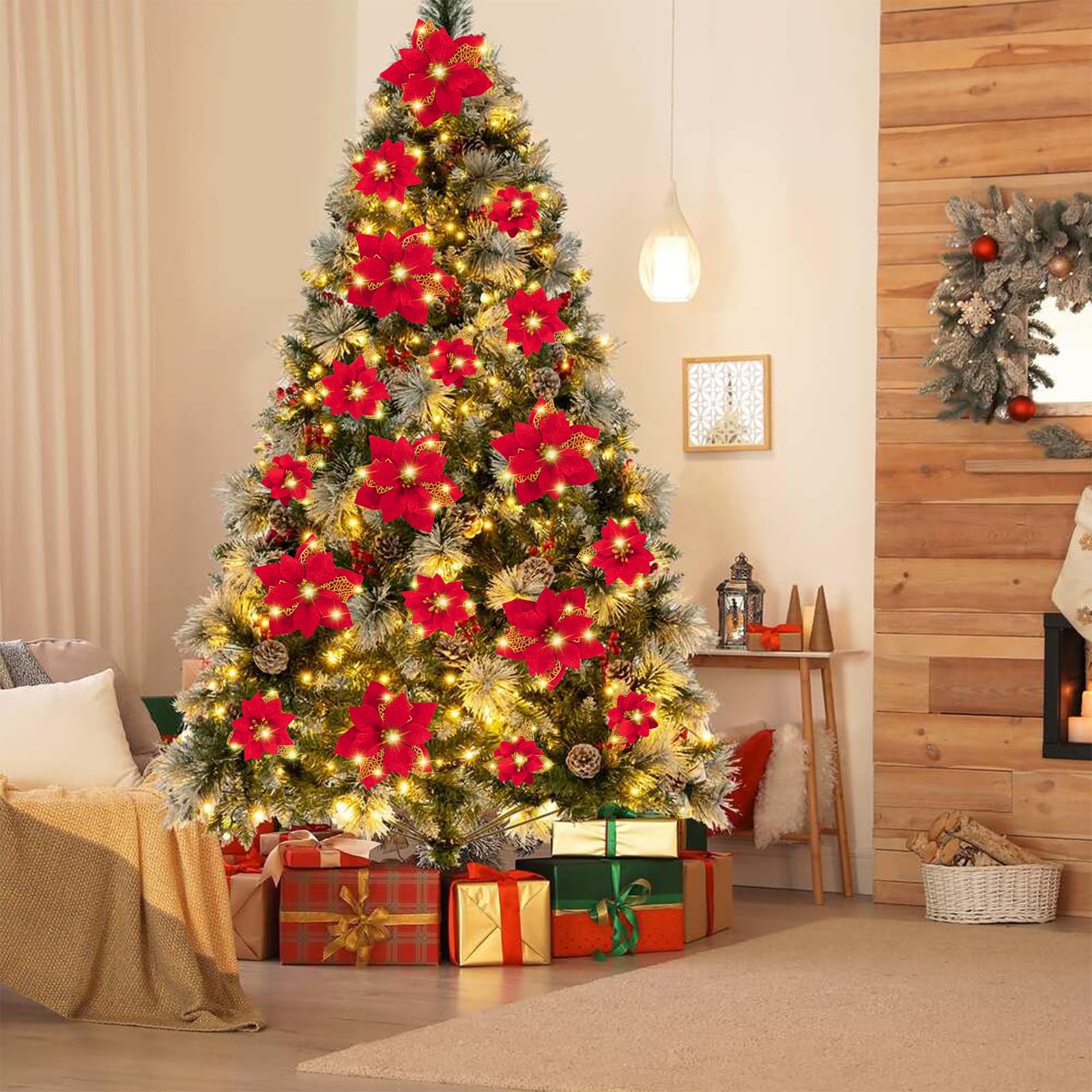 Lot de 32 décorations de Noël, fleurs artificielles scintillantes avec clips, décorations pour sapin de Noël, pendentifs de fleurs artificielles - 8