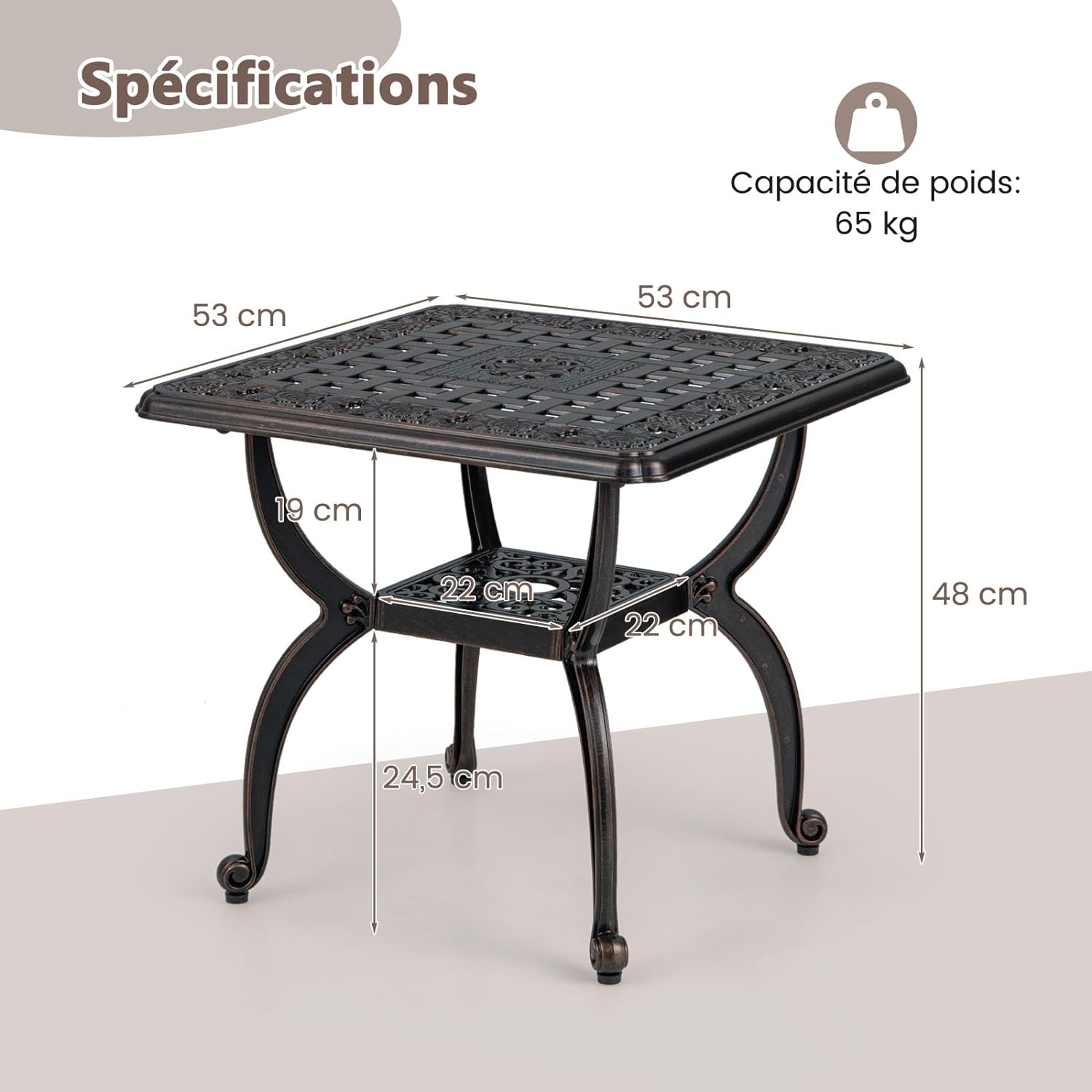 Table de Patio en Fonte d'Aluminium, Table Basse Bistrot Antirouille de 53 cm, Table d'Appoint à Cadre en Métal Robuste, Table d'Appoint - 3