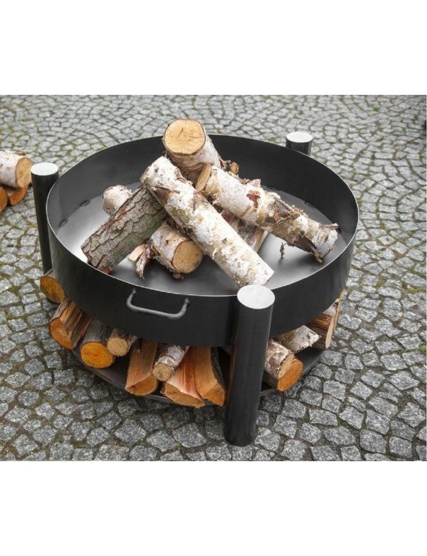 Brasero de jardin SOLAFA avec range bois en acier + pare-feu-Noir-Noir-Ø 70cm--45--45 - 5