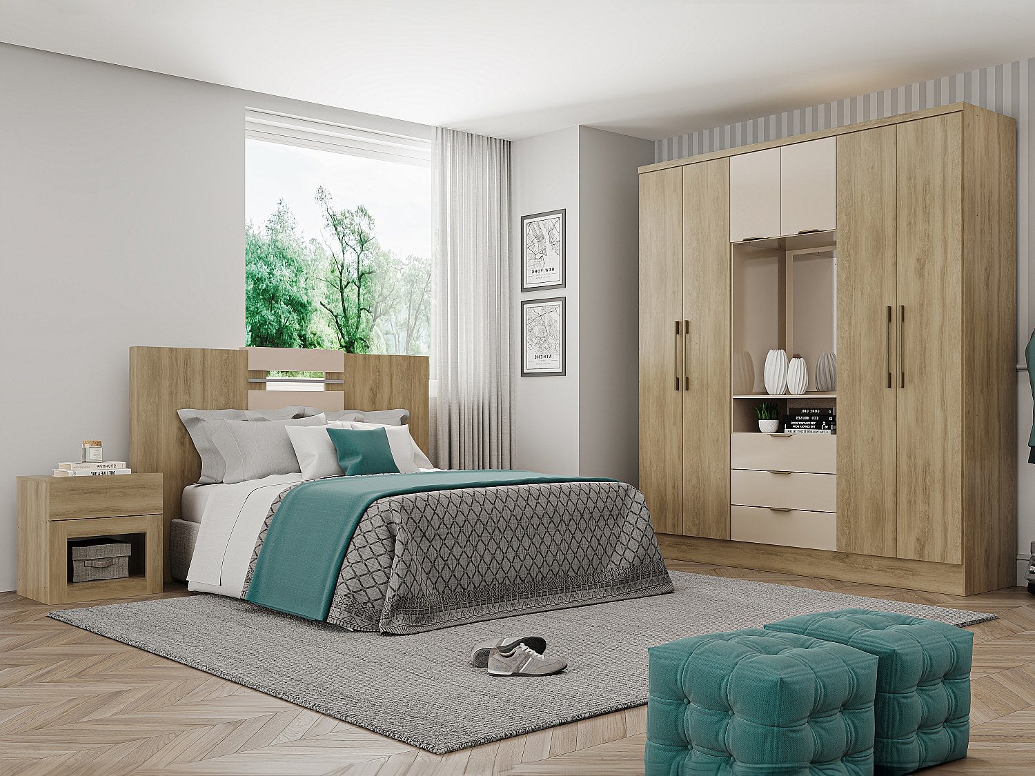 Armoire 6 portes et 3 tiroirs - Avec miroir - L180 cm - Coloris : Naturel et beige - ELORIO - 6