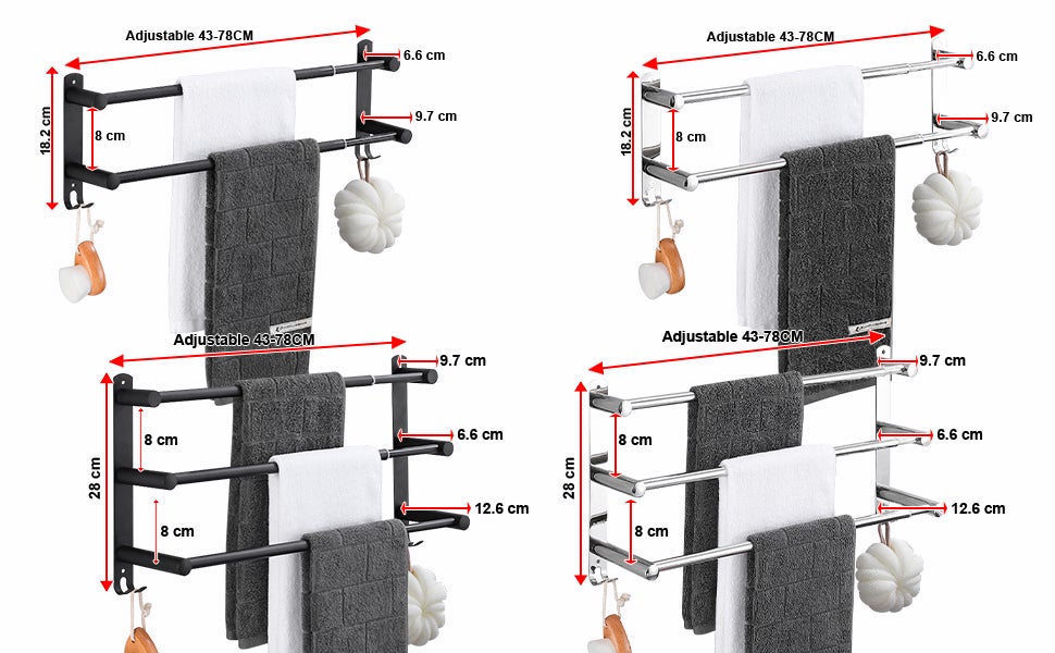 Porte-serviettes de salle de bain en acier inoxydable, rétractable 43-78 cm (noir, 3 niveaux) - 9