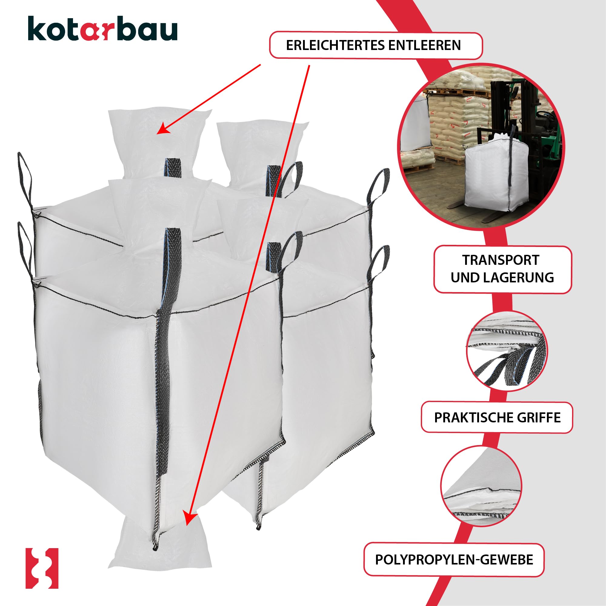 Sac Big Bag Vide, Sac Gravat Chantier 90 x 90 x 90 cm 500 kg avec trémie de vidange quatre pièces - KOTARBAU - 5