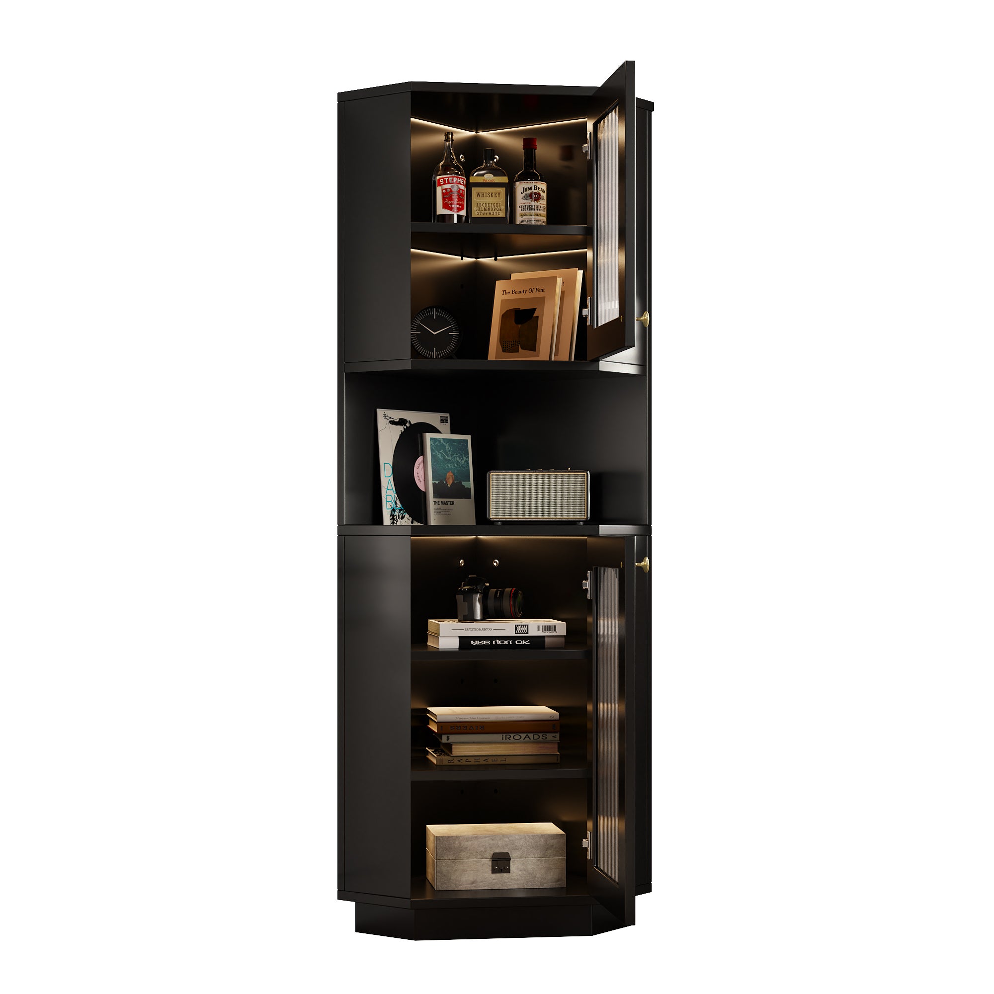 Colonna angolare per bagno - con 2 porte - con LED - scaffali regolabili - Nero - 5