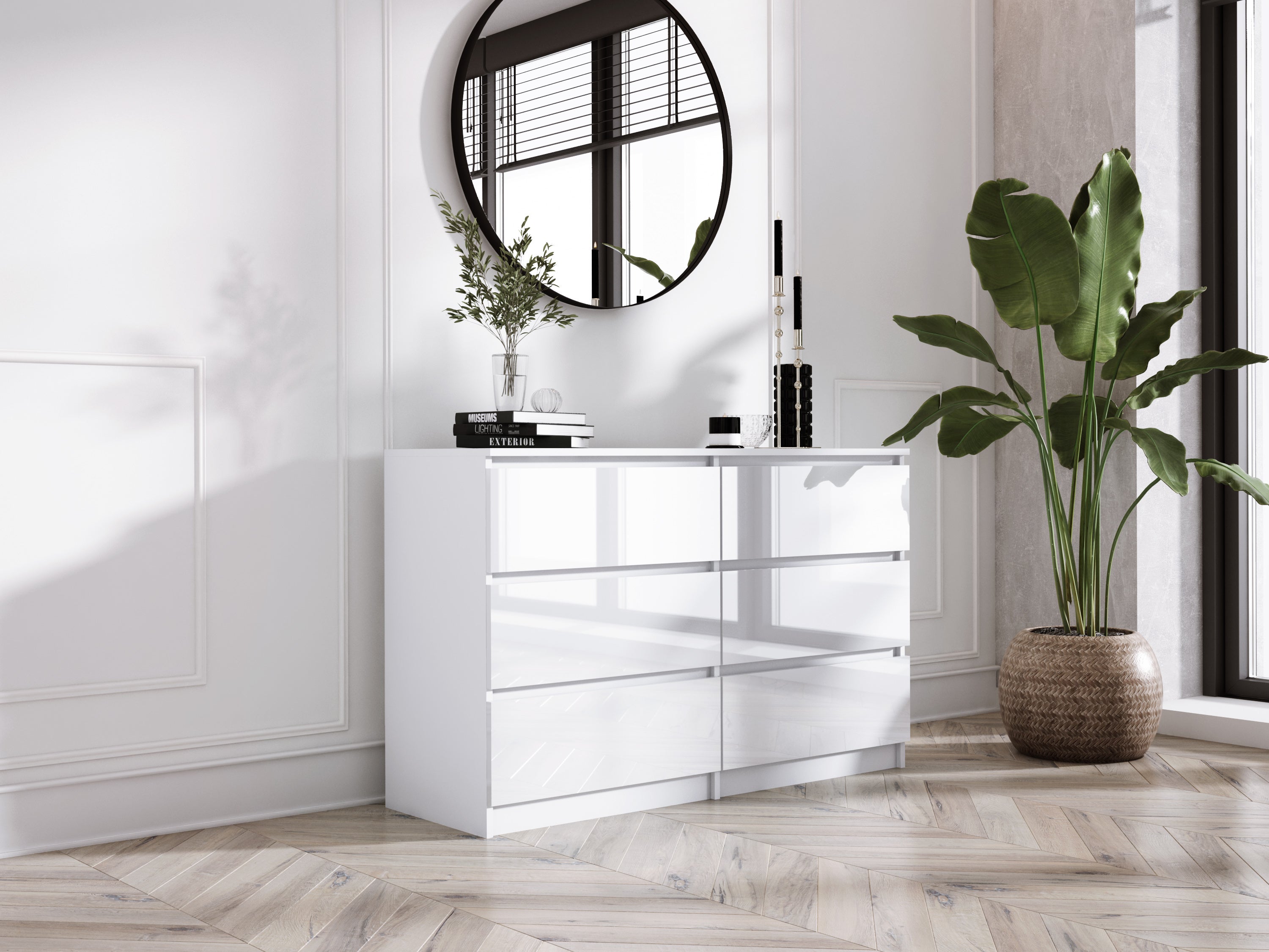 Commode 6 Tiroirs : Blanc Mat / Blanc Brillant, 138 x 39 x 79 cm - 7