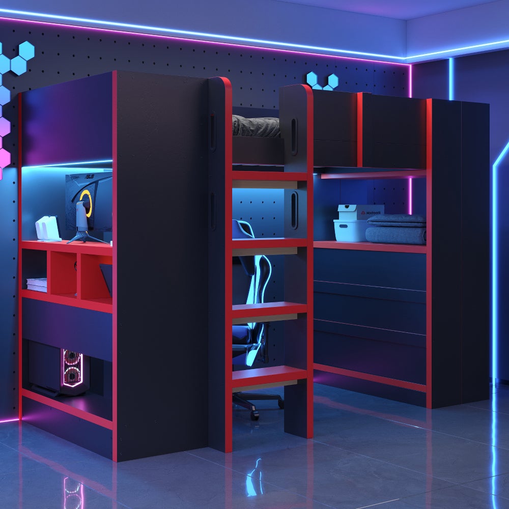 Lit mezzanine multifonction 90x200 cm noir et rouge avec bureau ...