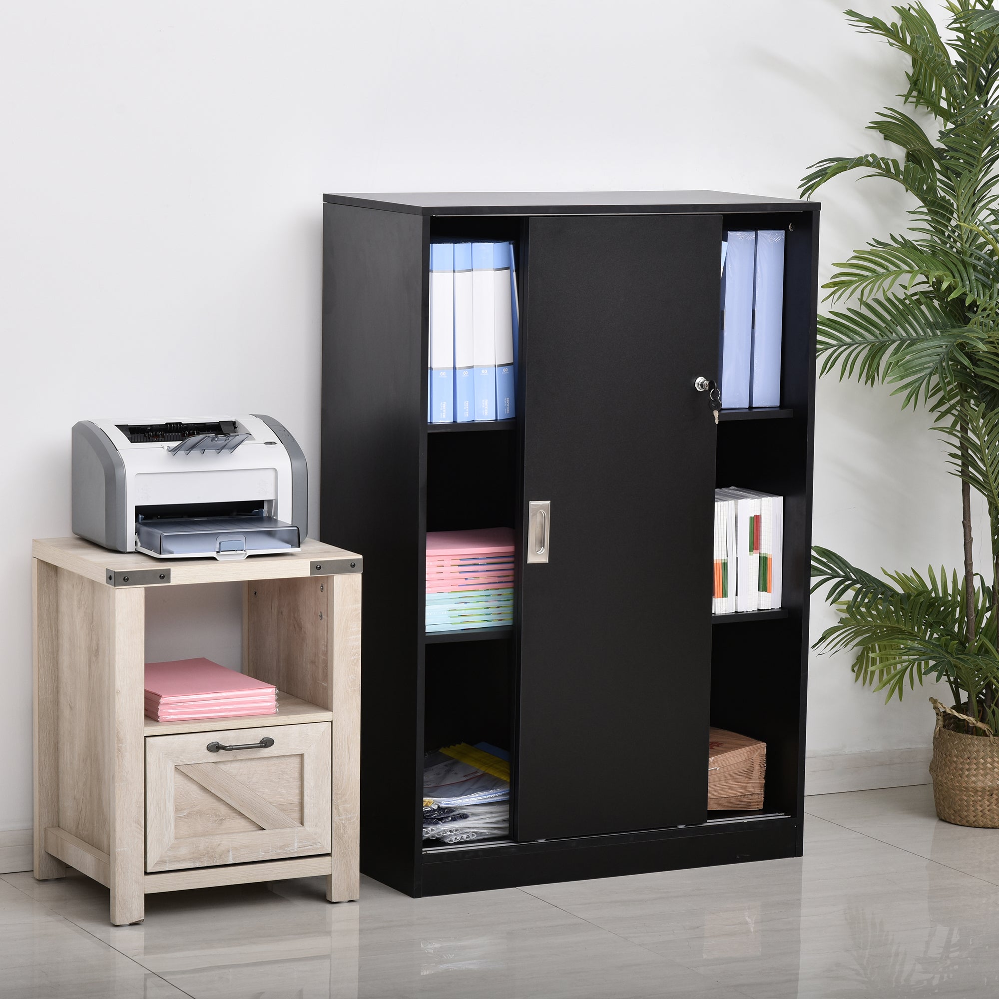 Armoire de bureau aggloméré 2 portes coulissantes HOMCOM noir - 2