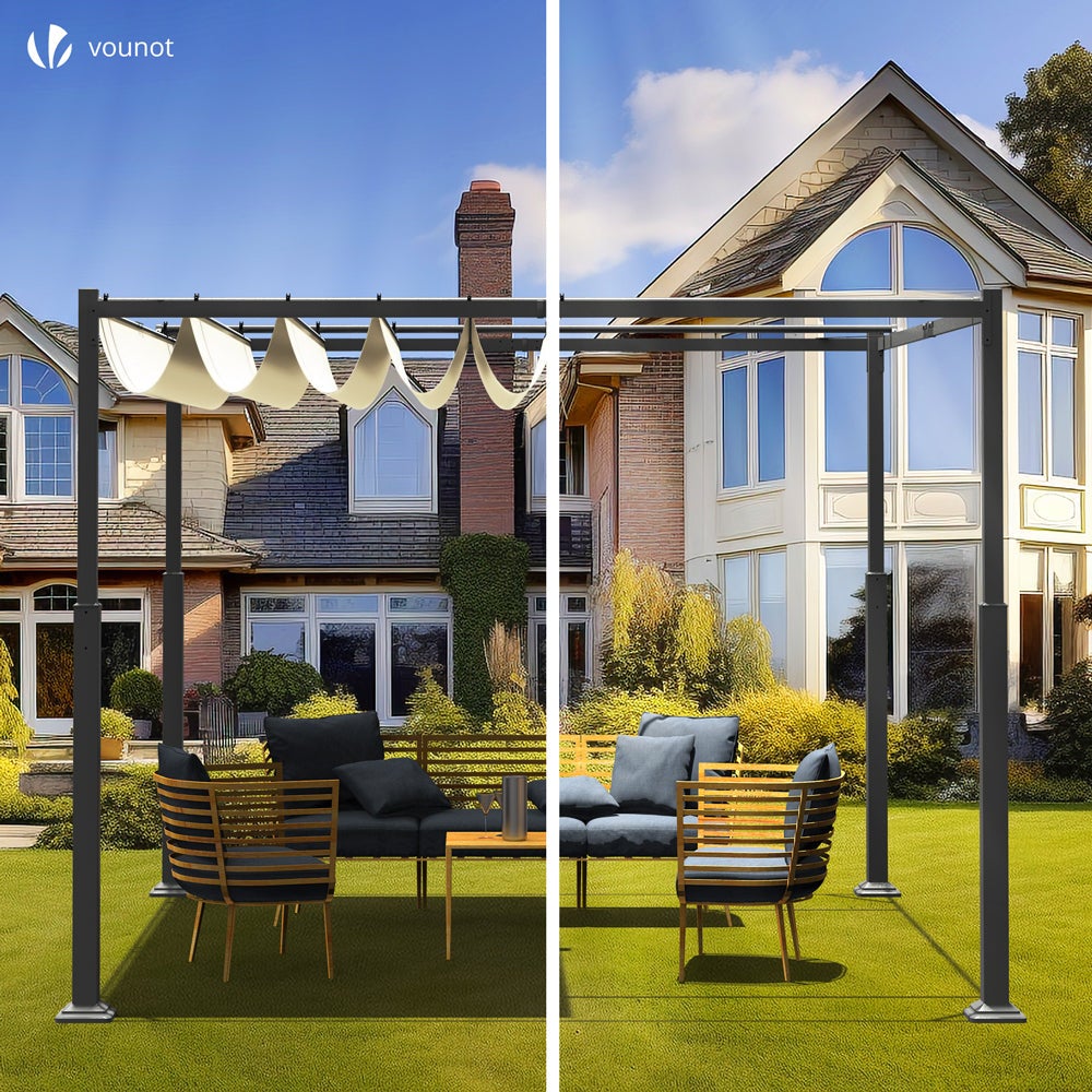 Pérgola Autoportante con Techo Retráctil 3x3m, Carpa Cenador Estructura Metálica Lona Corredera Poliéster 180g/m², Beige - 7