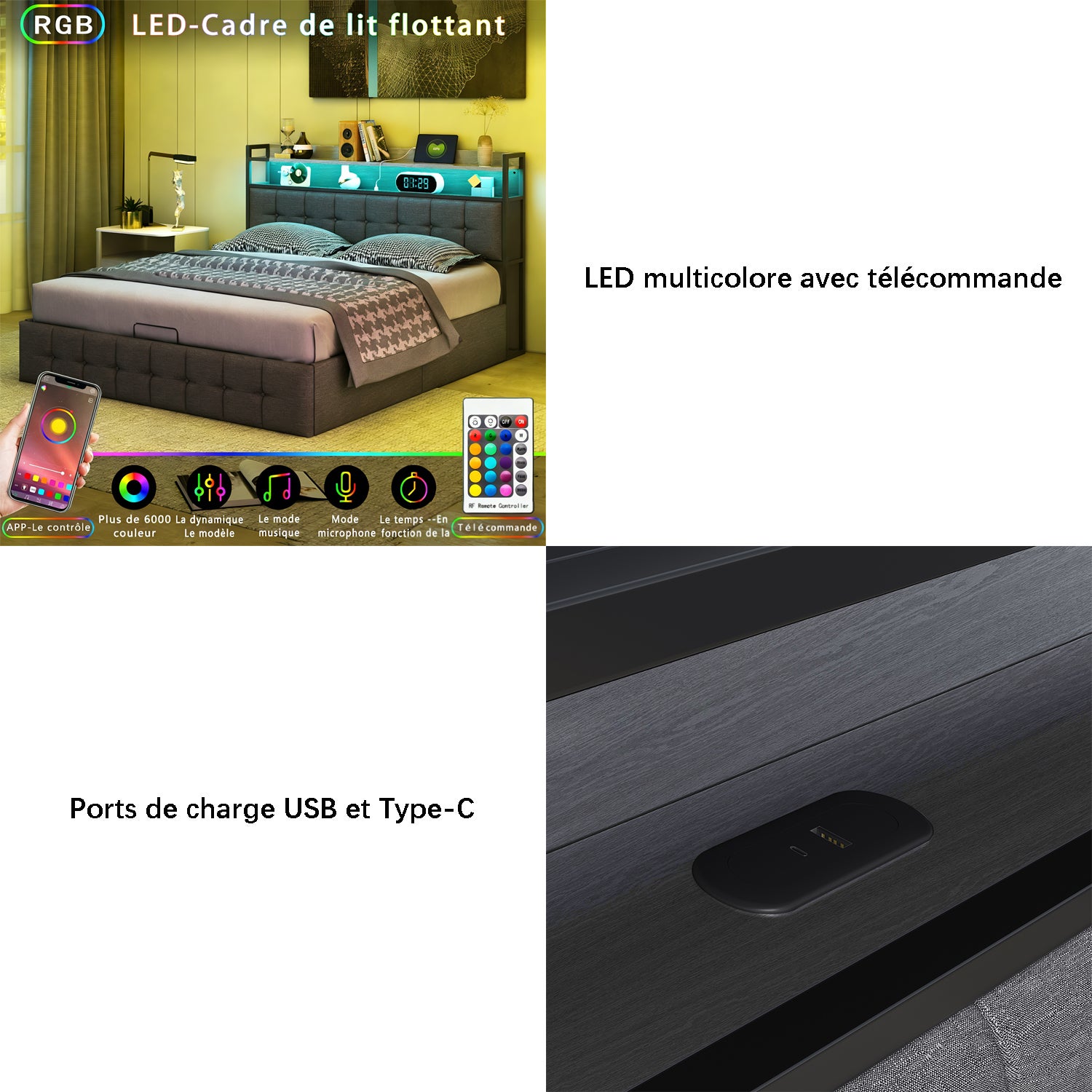 Lit coffre 140x190 cm avec sommier à lattes, lit double 140x190 cm avec LED, cadre de lit adulte avec port USB et Type C, tissu en lin, gris - 4