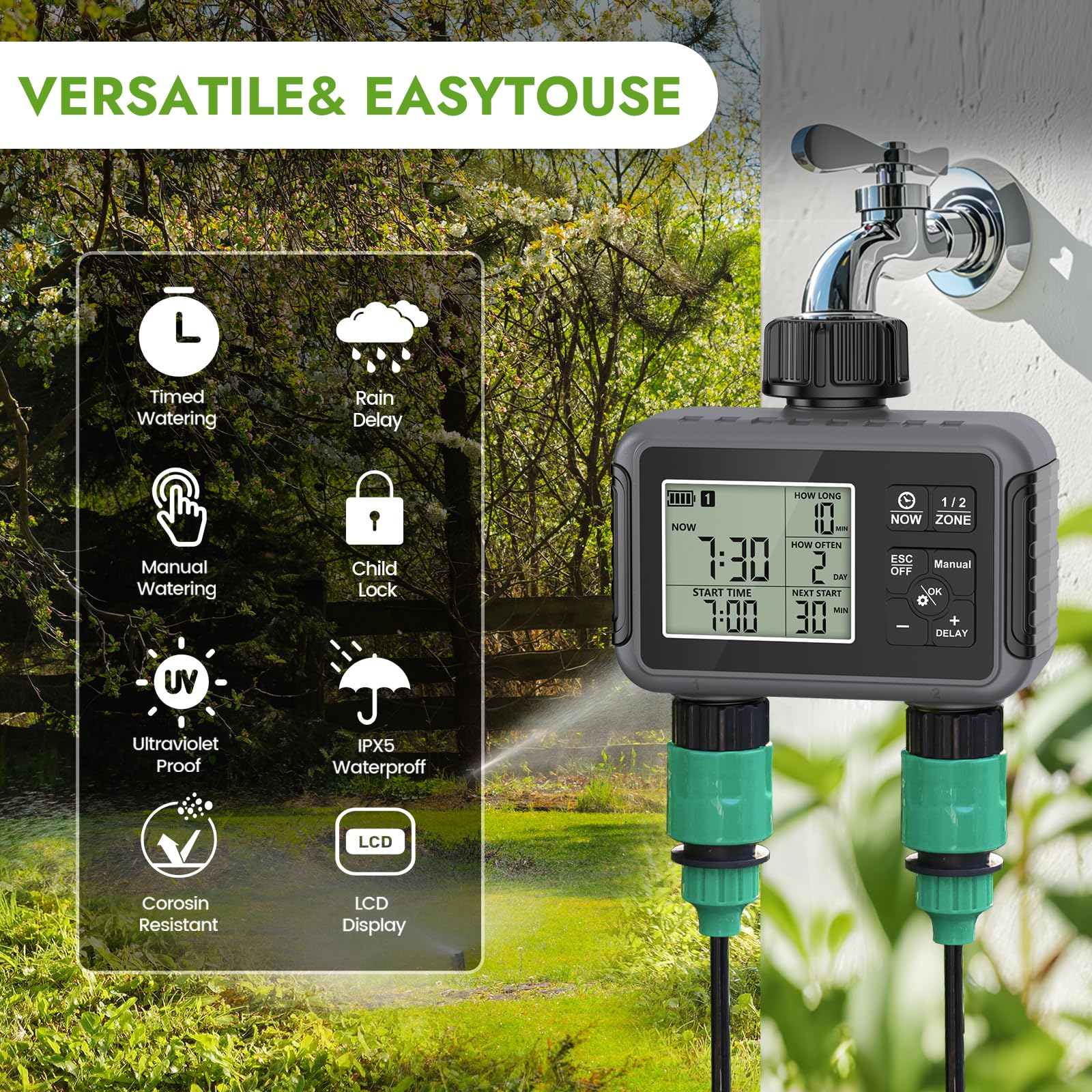 Ordinateur d'irrigation 2 sorties, minuterie d'arrosage de jardin avec retard de pluie/mode automatique et manuel, IPX5 étanche/grand écran LCD - 2