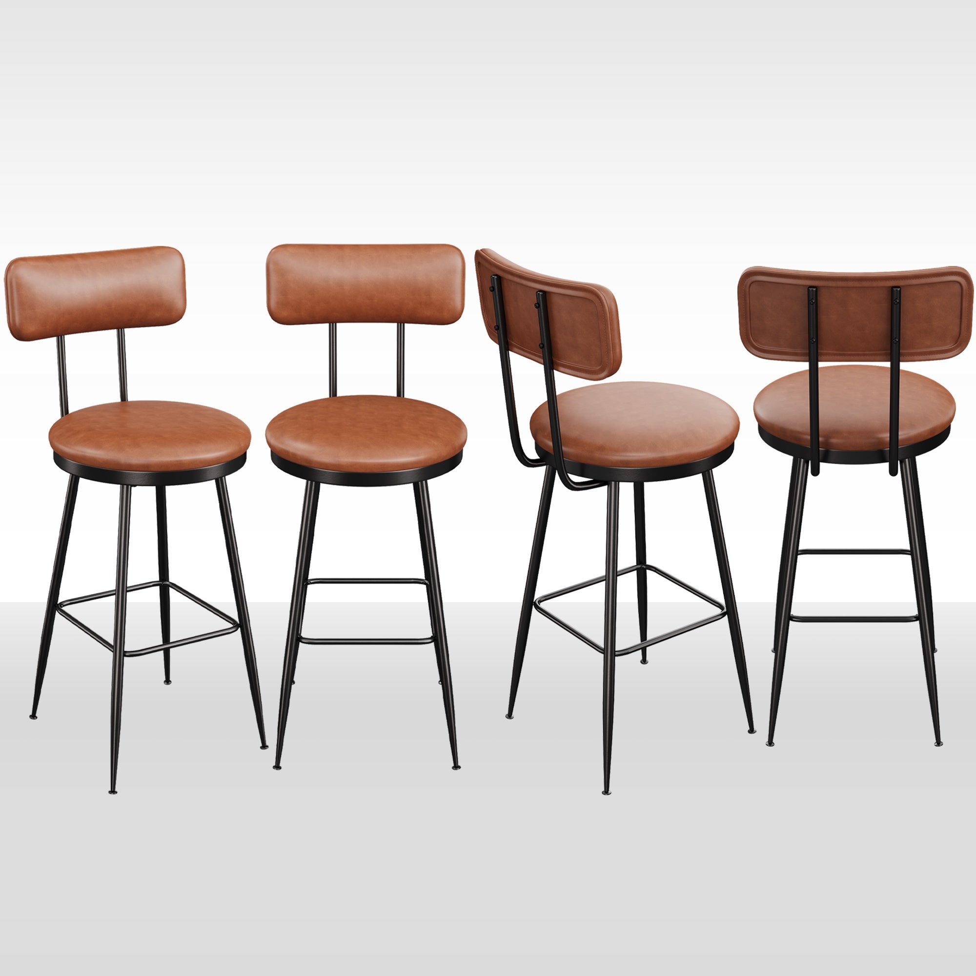 Lot de 4 Tabourets de Bar - Chaise Haute de Cuisine avec Dossier et Repose-pieds - Design Rétro et Robuste - en PU Marron - 2