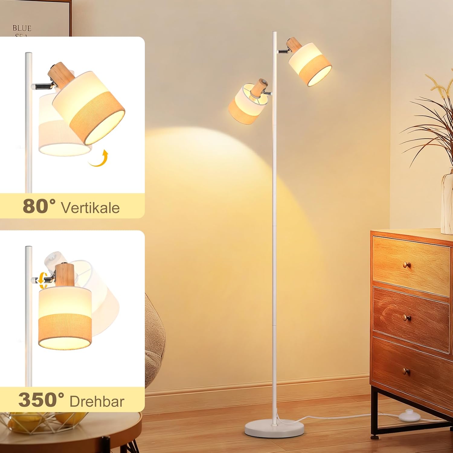 Lampa podłogowa Nettlife Vintage z drewna, 2xE14, styl retro, klosz z materiału, obrotowa, przełącznik nożny, salon/sypialnia - 4